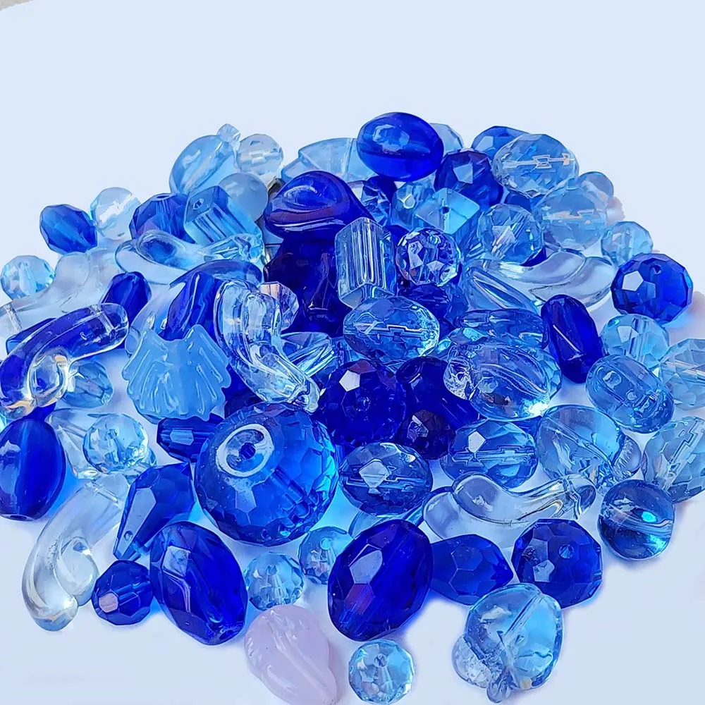 50Grams Pkg. Crystal Mix Shapes Glass beads for jewelry making Crystal Blue Colors, Various Shapes, size about 6~12mm