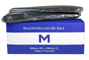 80L Black Recycled Bin Liners x 350's pack (800mm x 1000mm x 30mu)