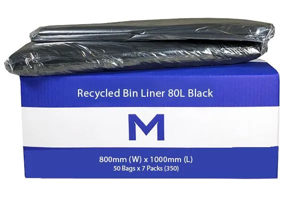 80L Black Recycled Bin Liners x 350's pack (800mm x 1000mm x 30mu)