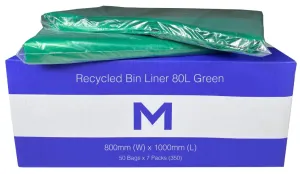 80L Green Recycled Bin Liners x 350's pack (800mm x 1000mm x 30mu)