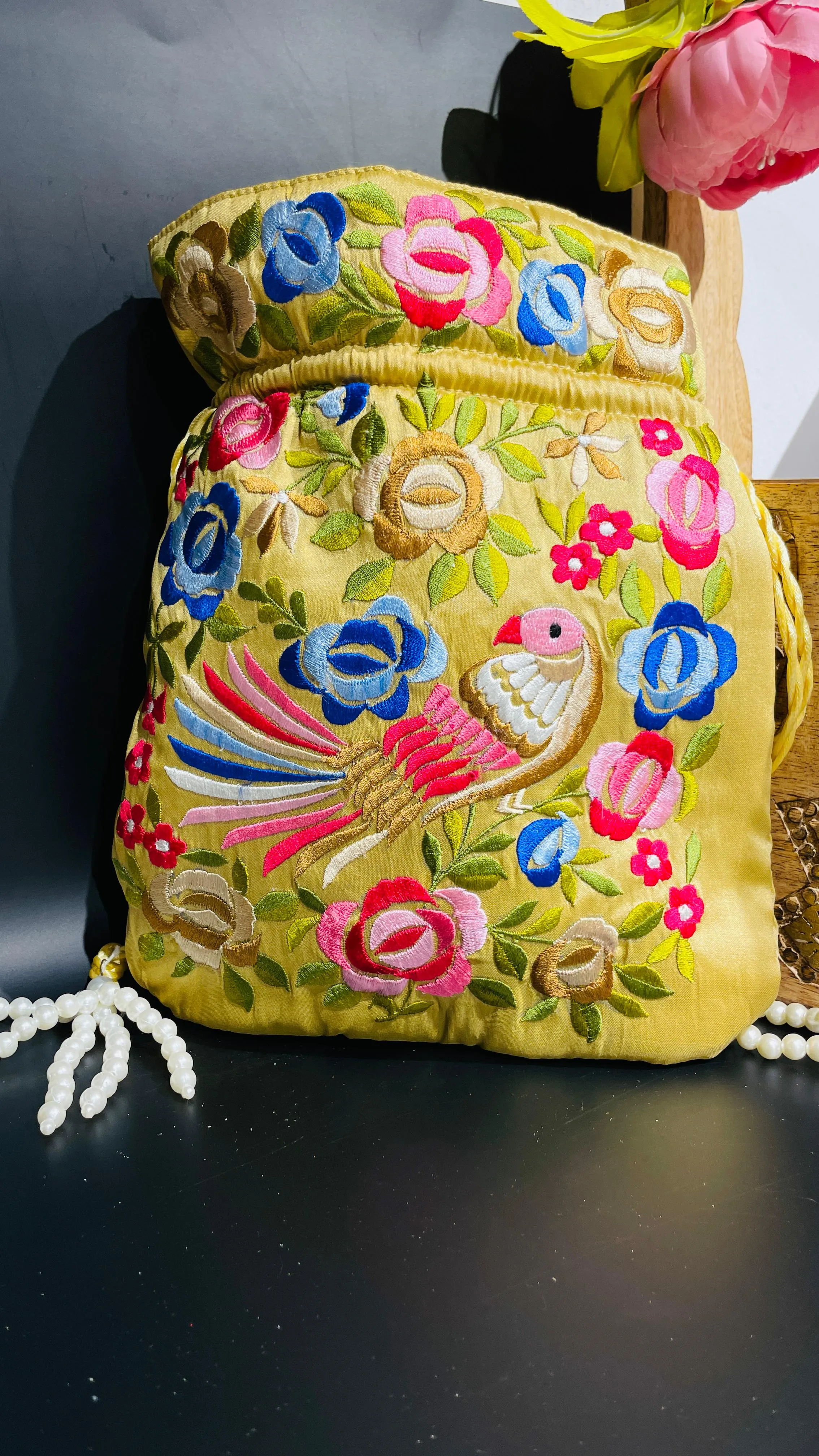 Black Festive Bird Potli Drawstring Bag