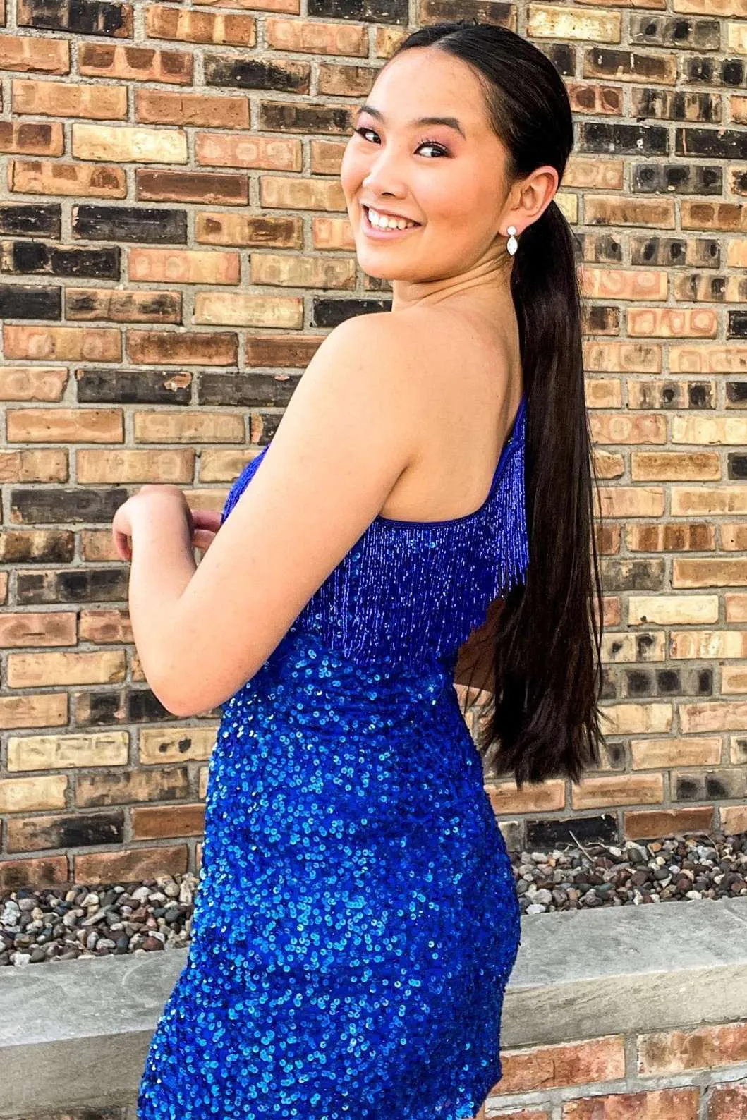 Blue Sequin One-Shoulder Fringe Short Party Dress