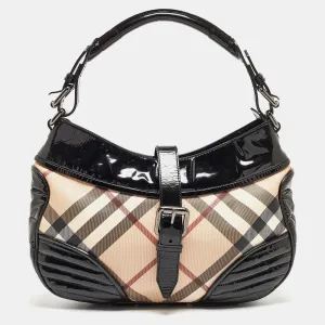 BURBERRY Black/Beige Nova Check PVC and Patent Leather Hobo