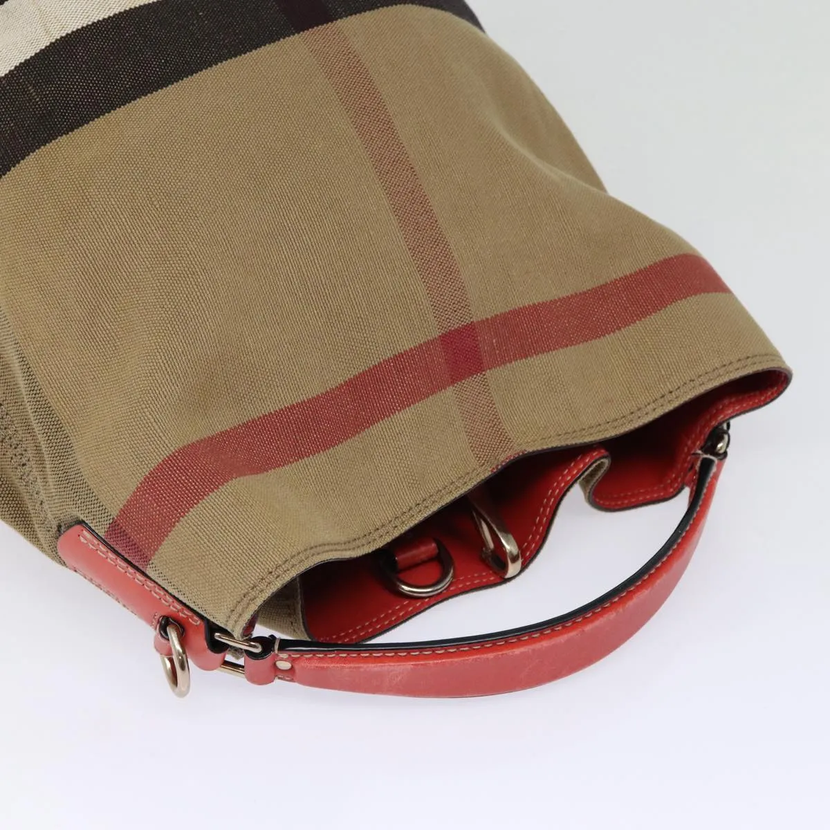 BURBERRY Nova Check Shoulder Bag Canvas Beige Red Silver Auth 87631