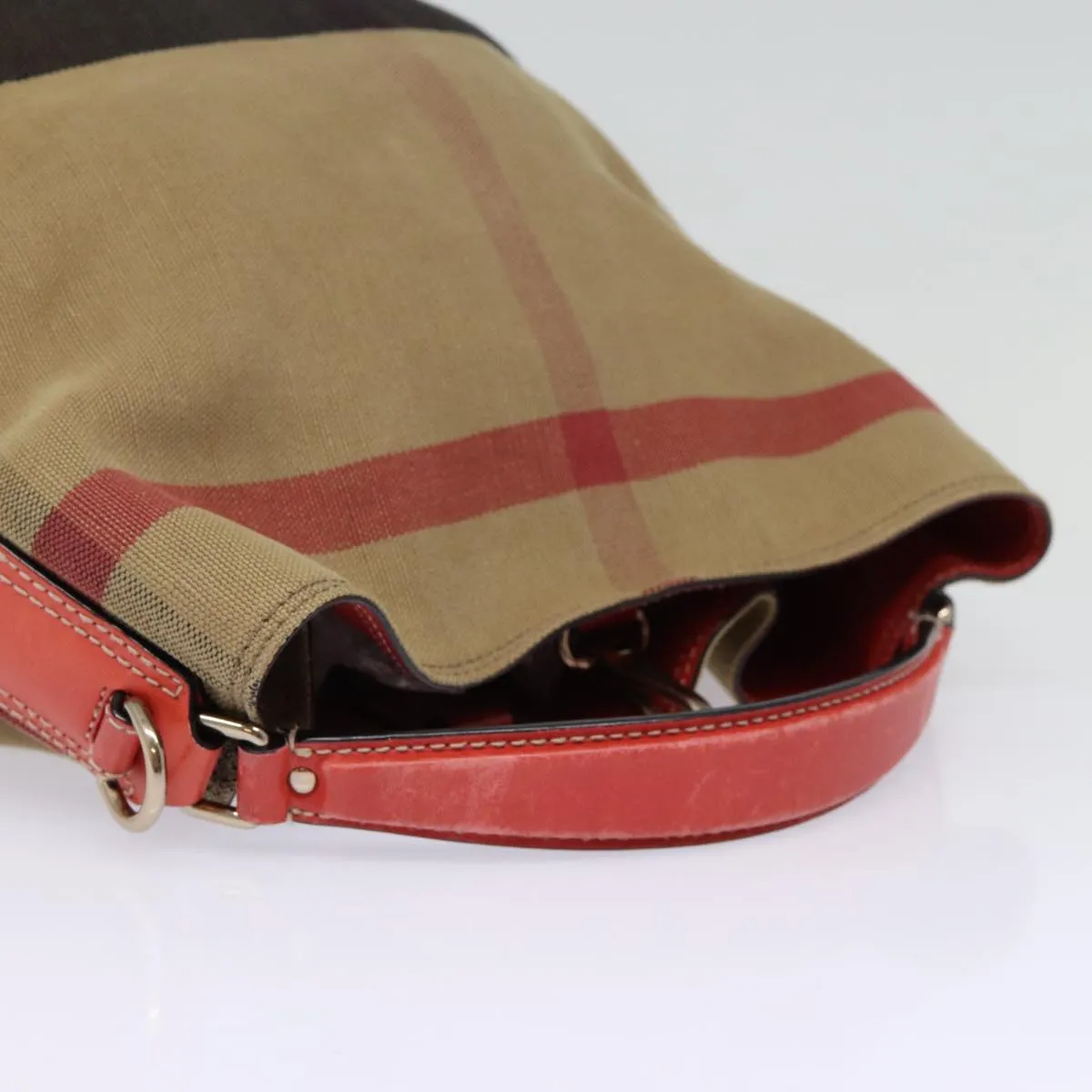 BURBERRY Nova Check Shoulder Bag Canvas Beige Red Silver Auth 87631