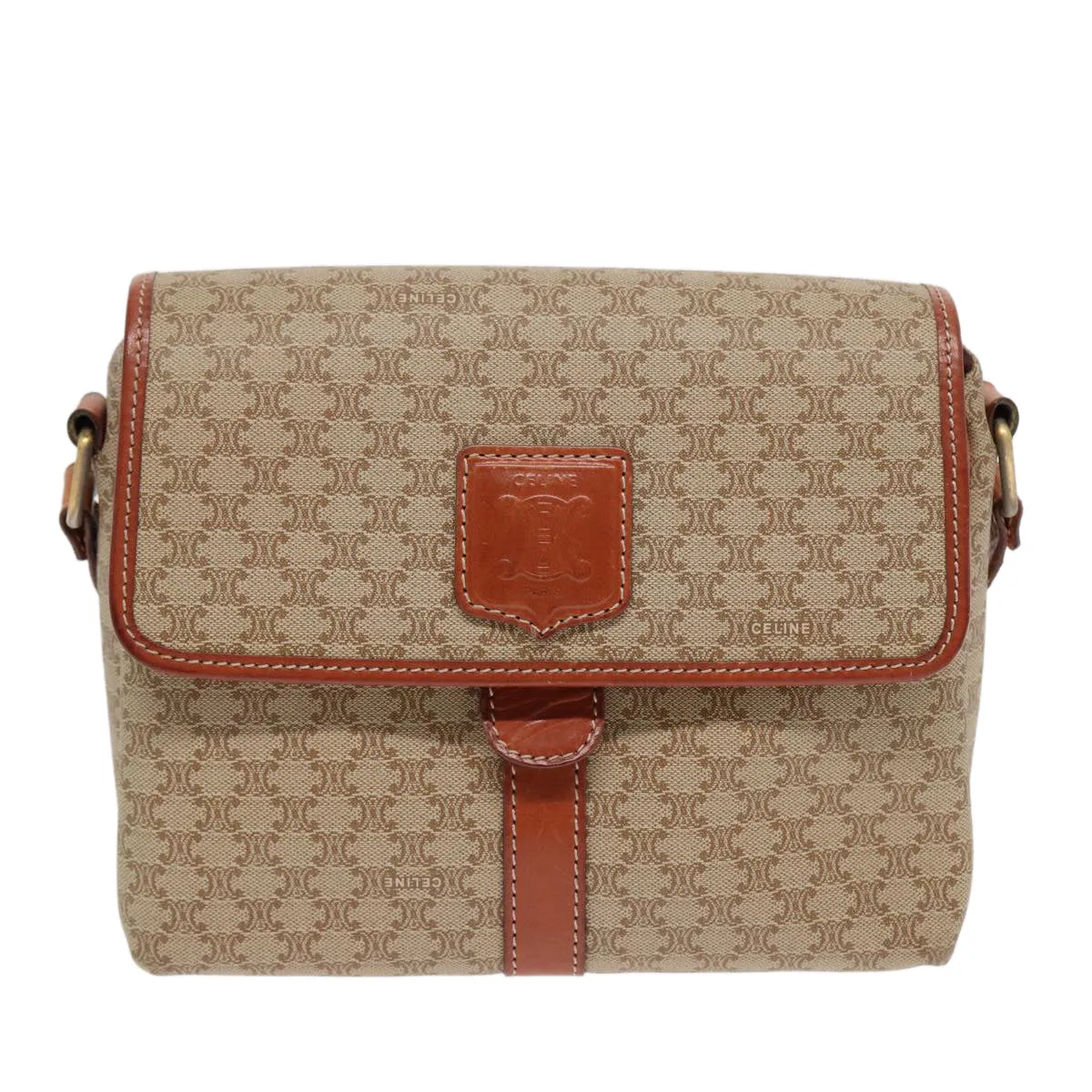 CELINE Macadam Canvas Shoulder Bag Beige Gold Auth 87069