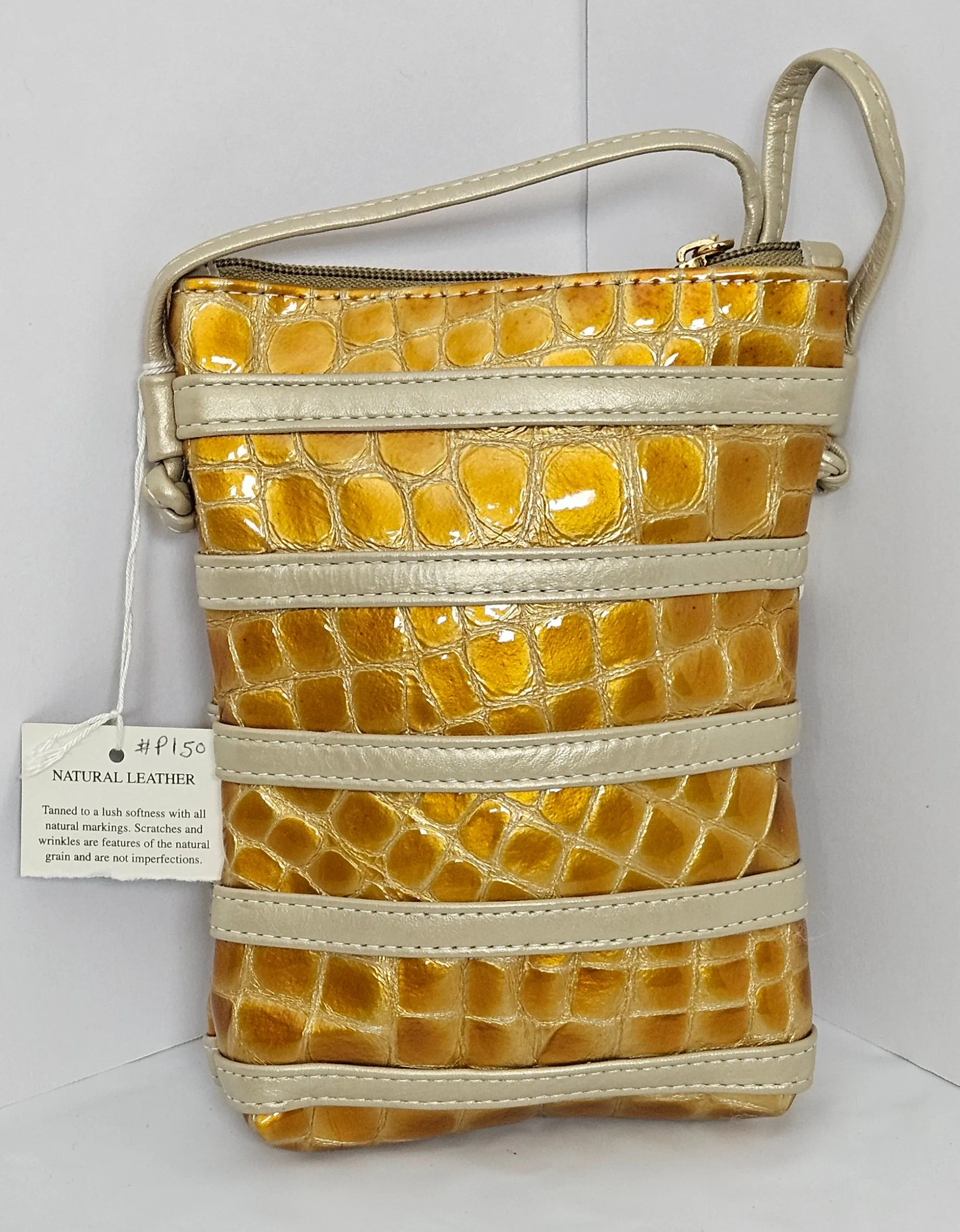 Champagne with yellow Crocodile Look Genuine Leather Handbag.Tr#p150cc.(101724)2
