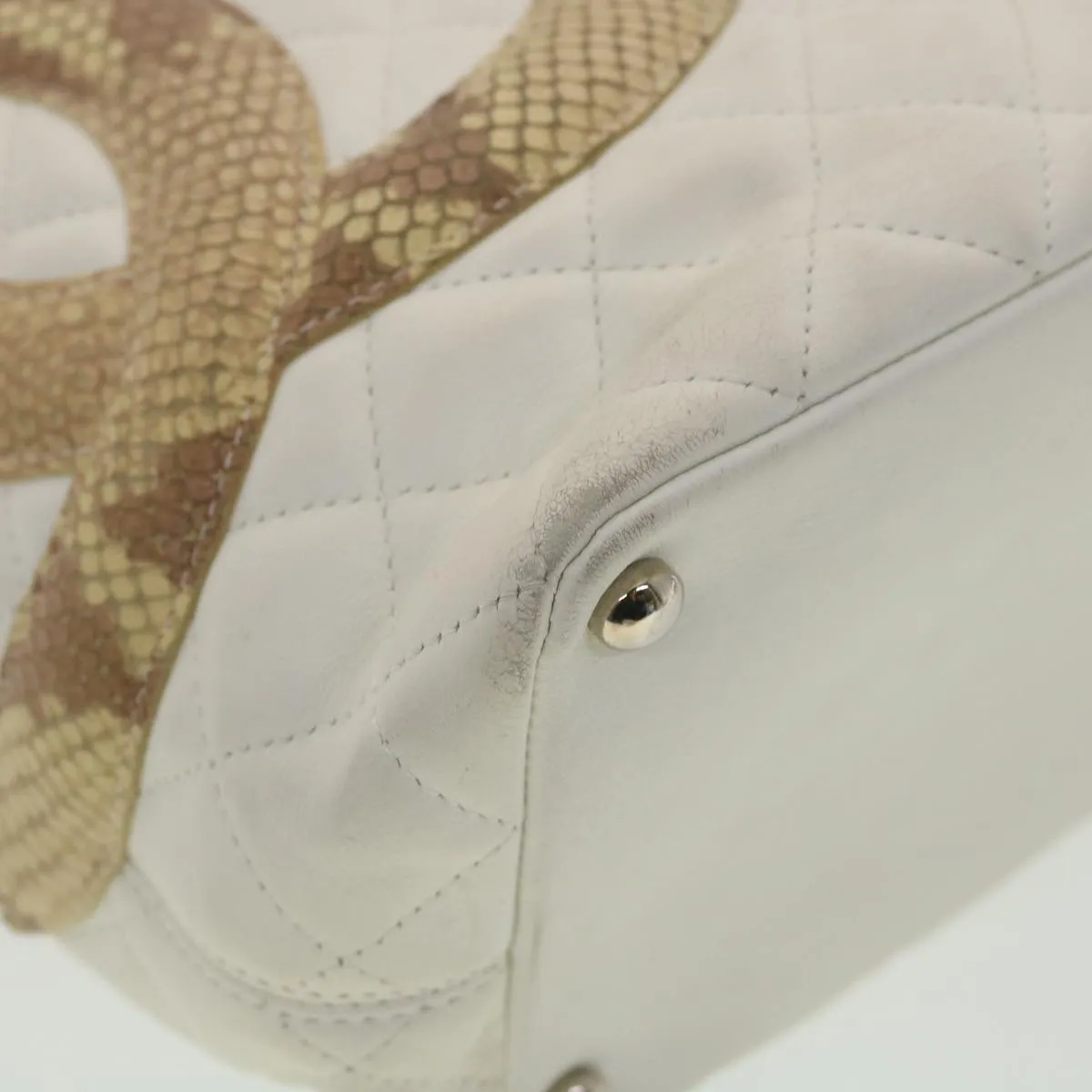 CHANEL Cambon Line Tote Bag Lamb Skin White CC Auth am3907