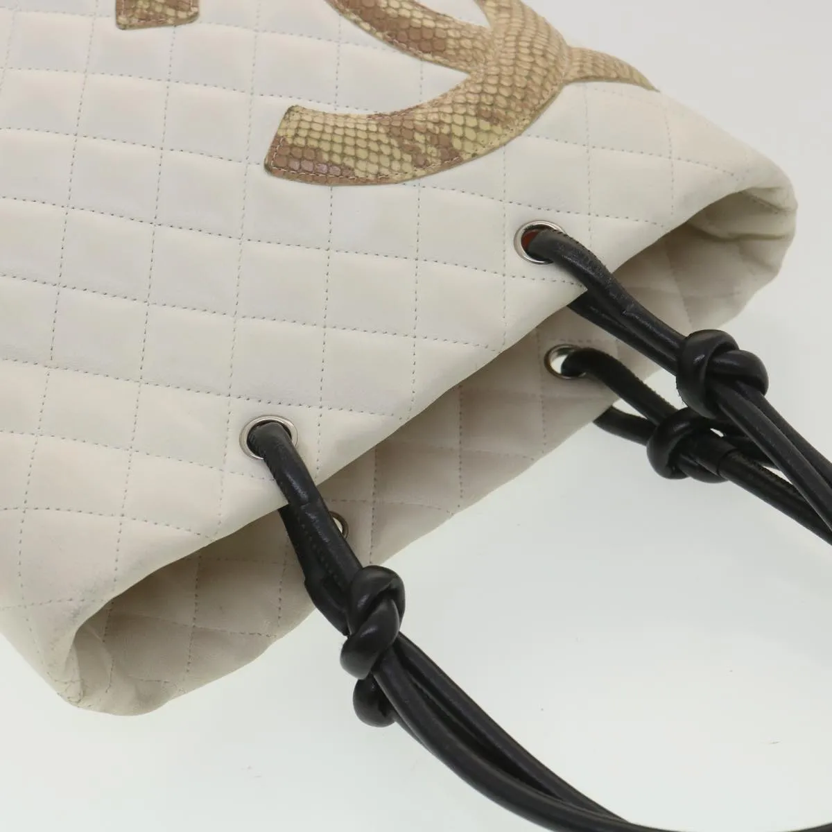 CHANEL Cambon Line Tote Bag Lamb Skin White CC Auth am3907