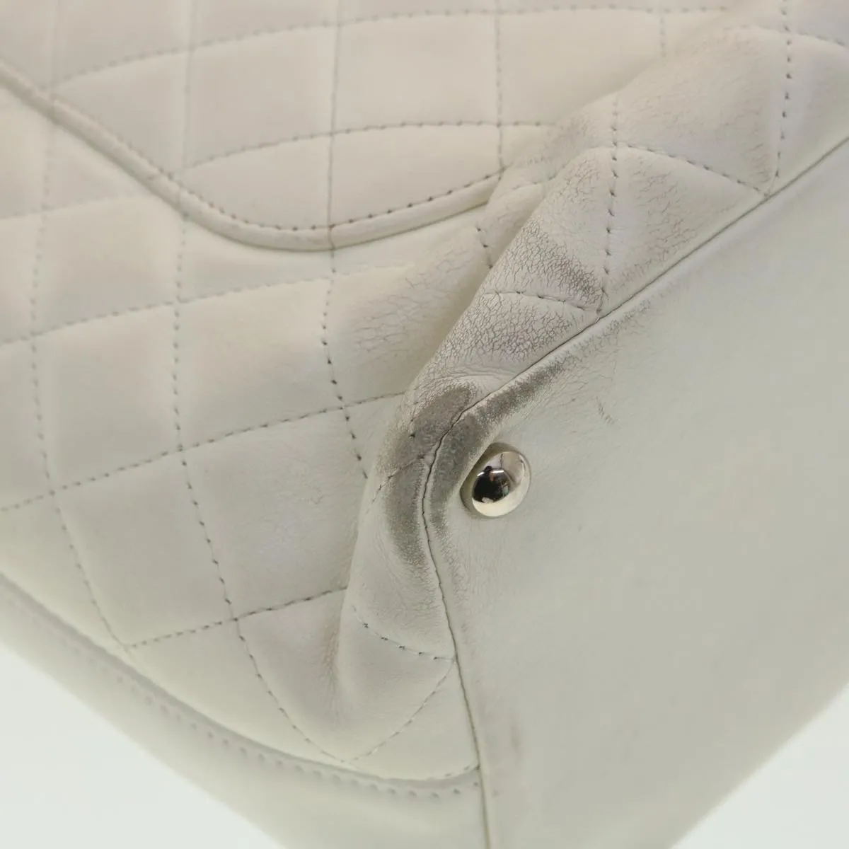 CHANEL Cambon Line Tote Bag Lamb Skin White CC Auth am3907