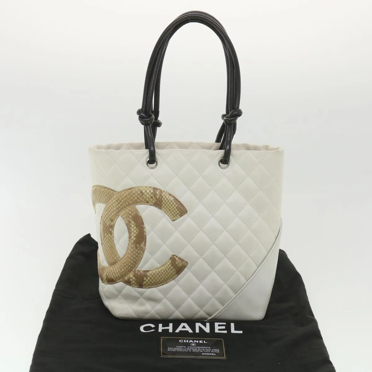 CHANEL Cambon Line Tote Bag Lamb Skin White CC Auth am3907