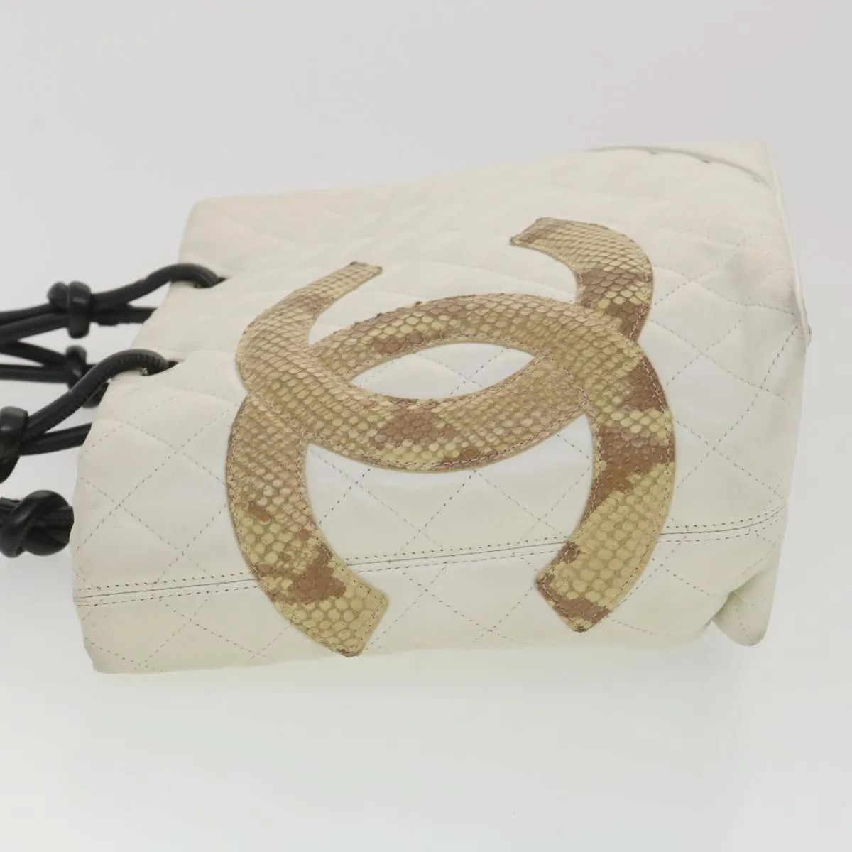 CHANEL Cambon Line Tote Bag Lamb Skin White CC Auth am3907