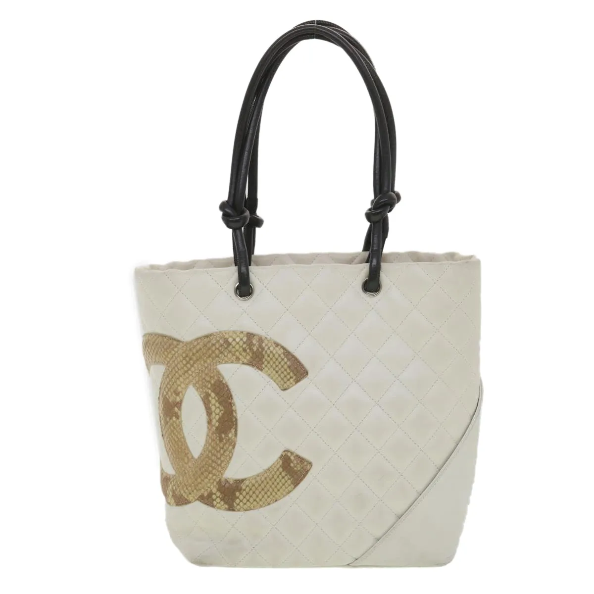 CHANEL Cambon Line Tote Bag Lamb Skin White CC Auth am3907