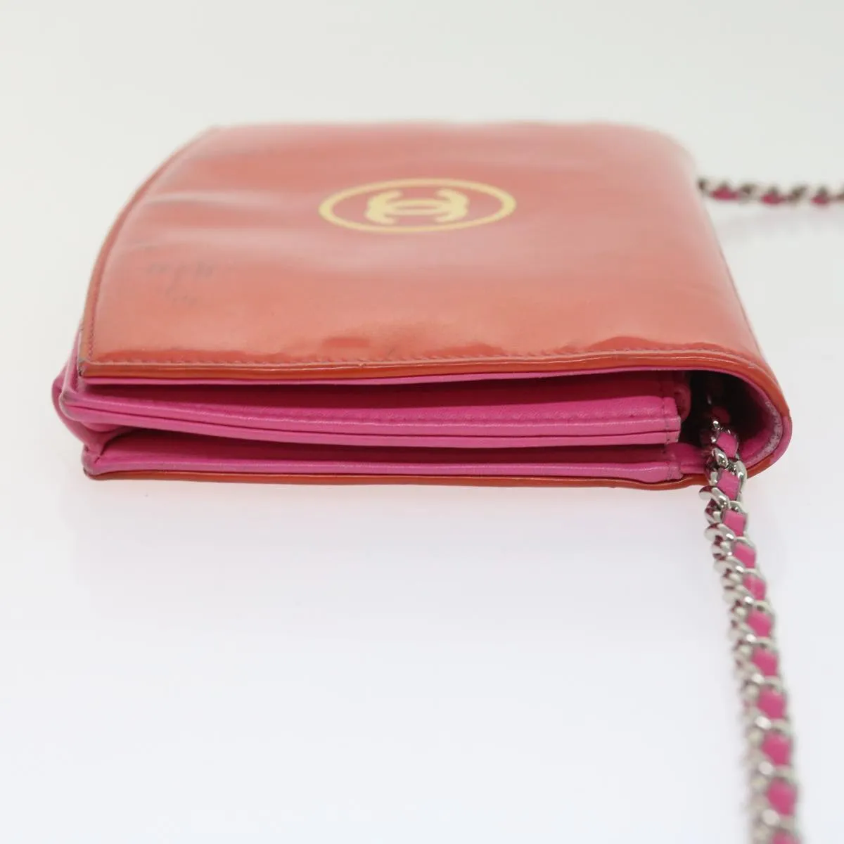 CHANEL Chain Shoulder Bag Patent leather Orange CC  bs8828