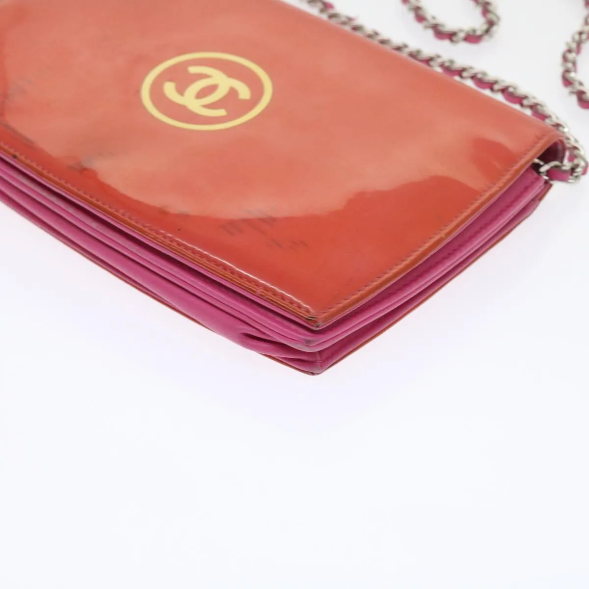 CHANEL Chain Shoulder Bag Patent leather Orange CC  bs8828