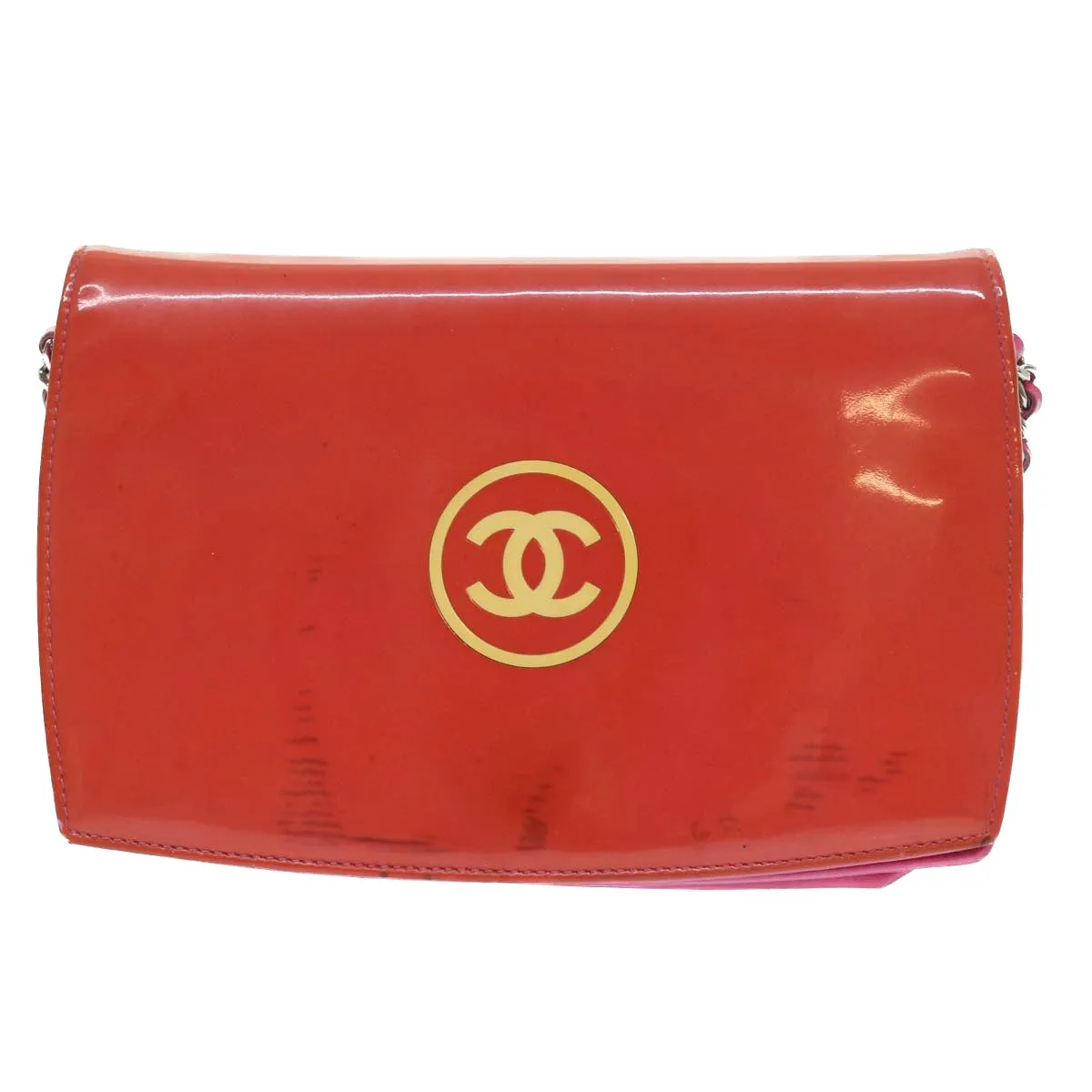 CHANEL Chain Shoulder Bag Patent leather Orange CC  bs8828
