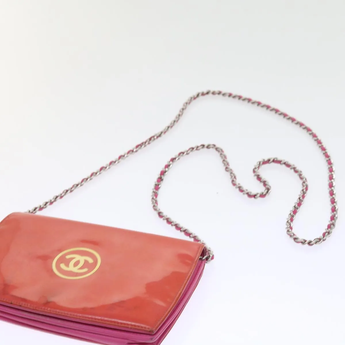 CHANEL Chain Shoulder Bag Patent leather Orange CC  bs8828