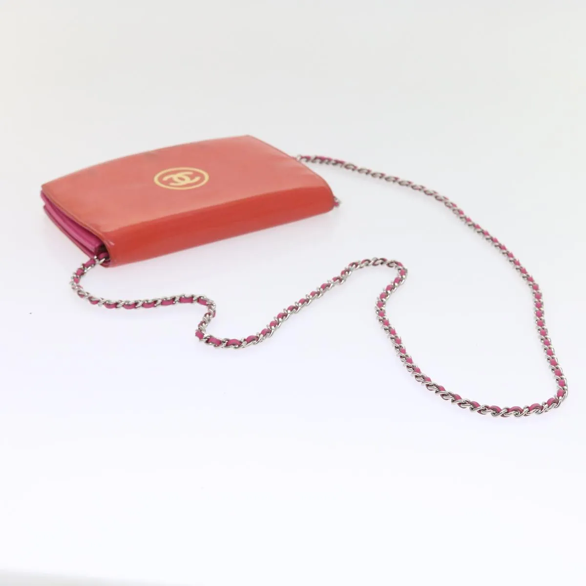 CHANEL Chain Shoulder Bag Patent leather Orange CC  bs8828