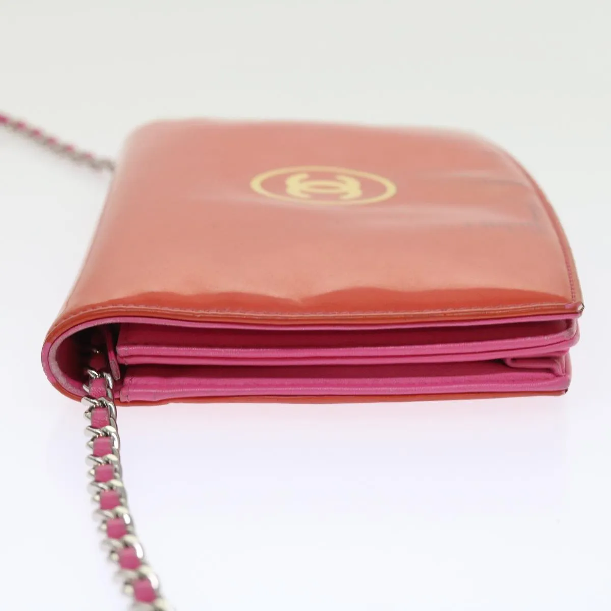 CHANEL Chain Shoulder Bag Patent leather Orange CC  bs8828