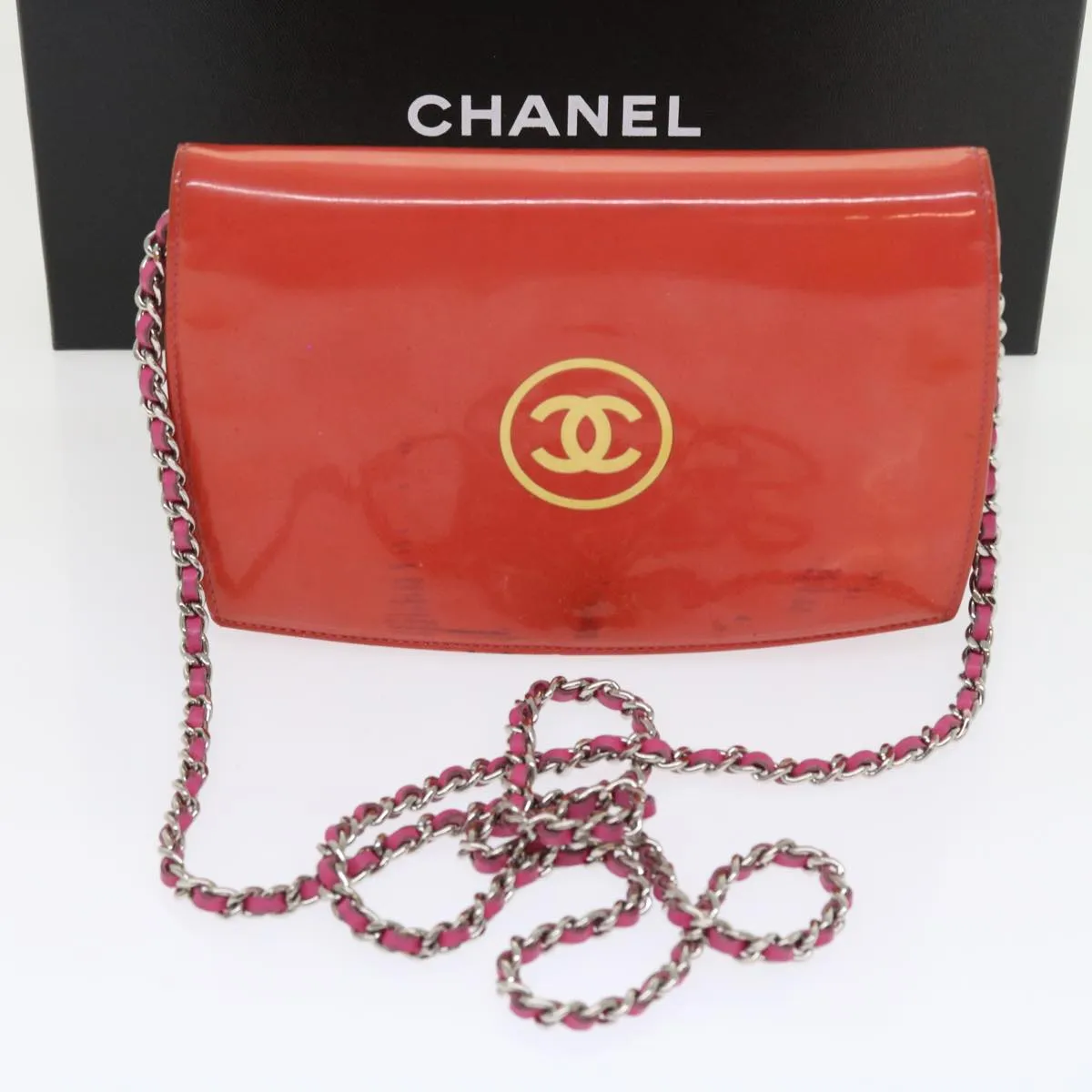 CHANEL Chain Shoulder Bag Patent leather Orange CC  bs8828