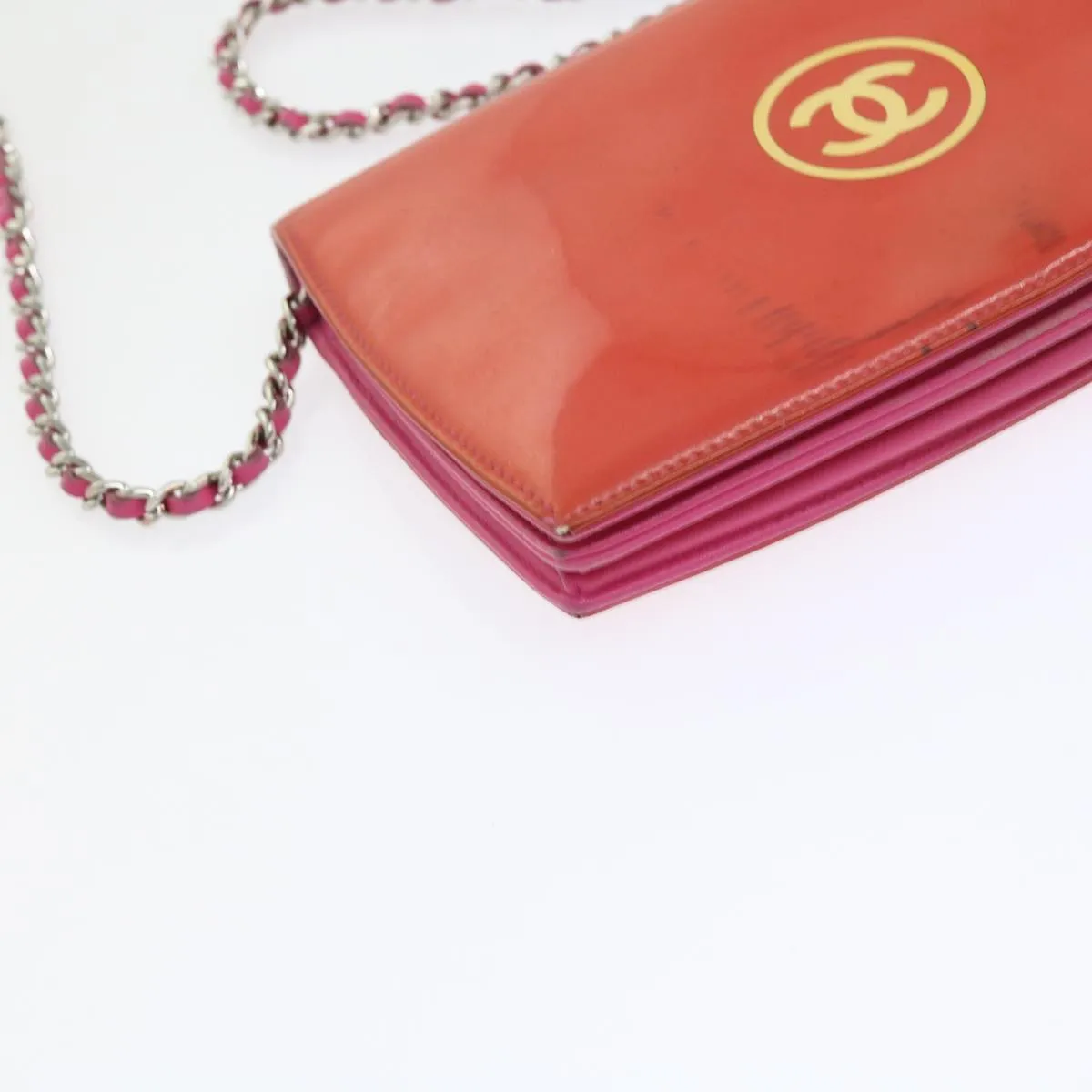 CHANEL Chain Shoulder Bag Patent leather Orange CC  bs8828