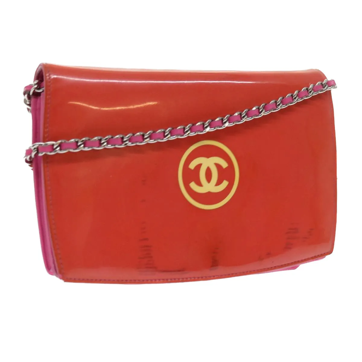 CHANEL Chain Shoulder Bag Patent leather Orange CC  bs8828