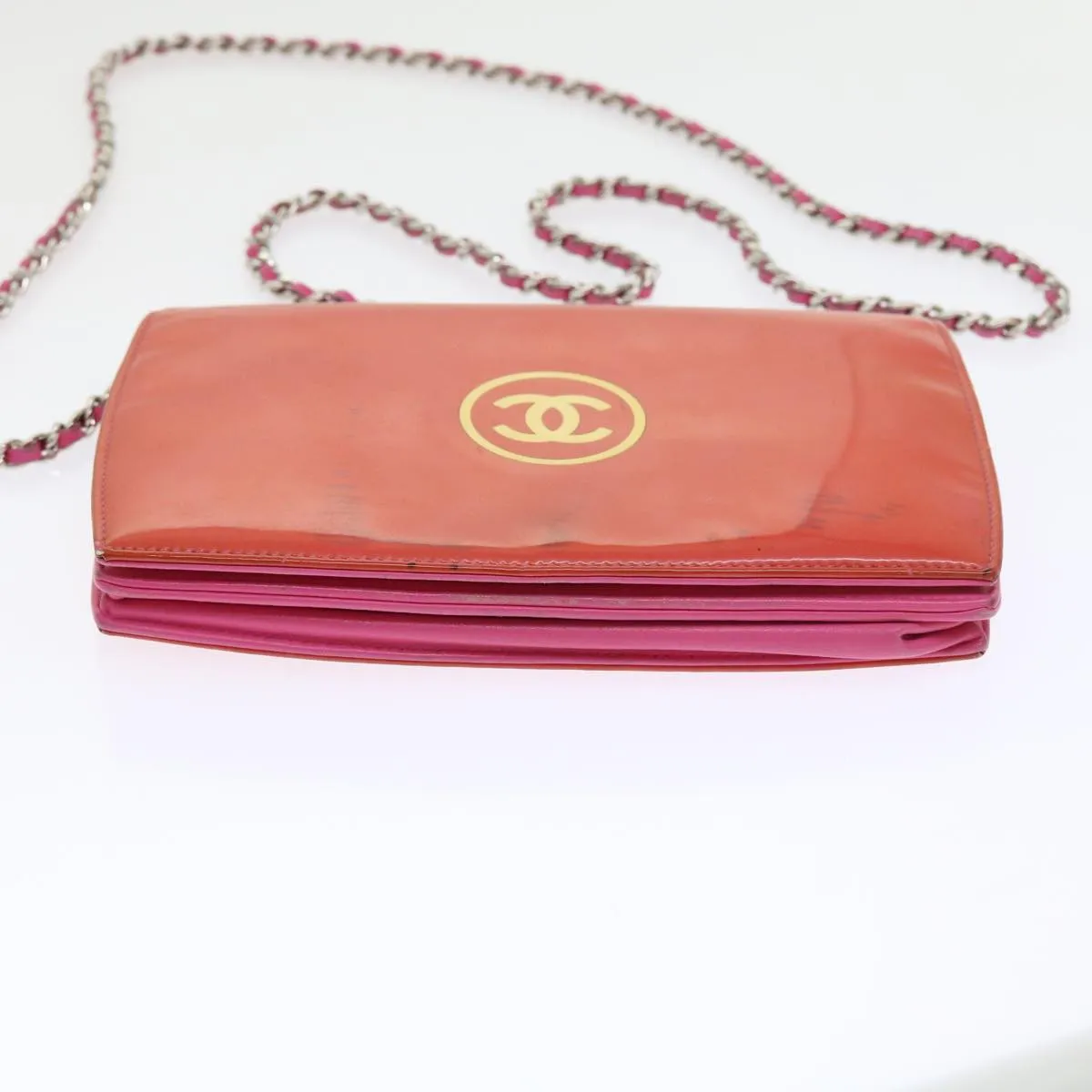 CHANEL Chain Shoulder Bag Patent leather Orange CC  bs8828
