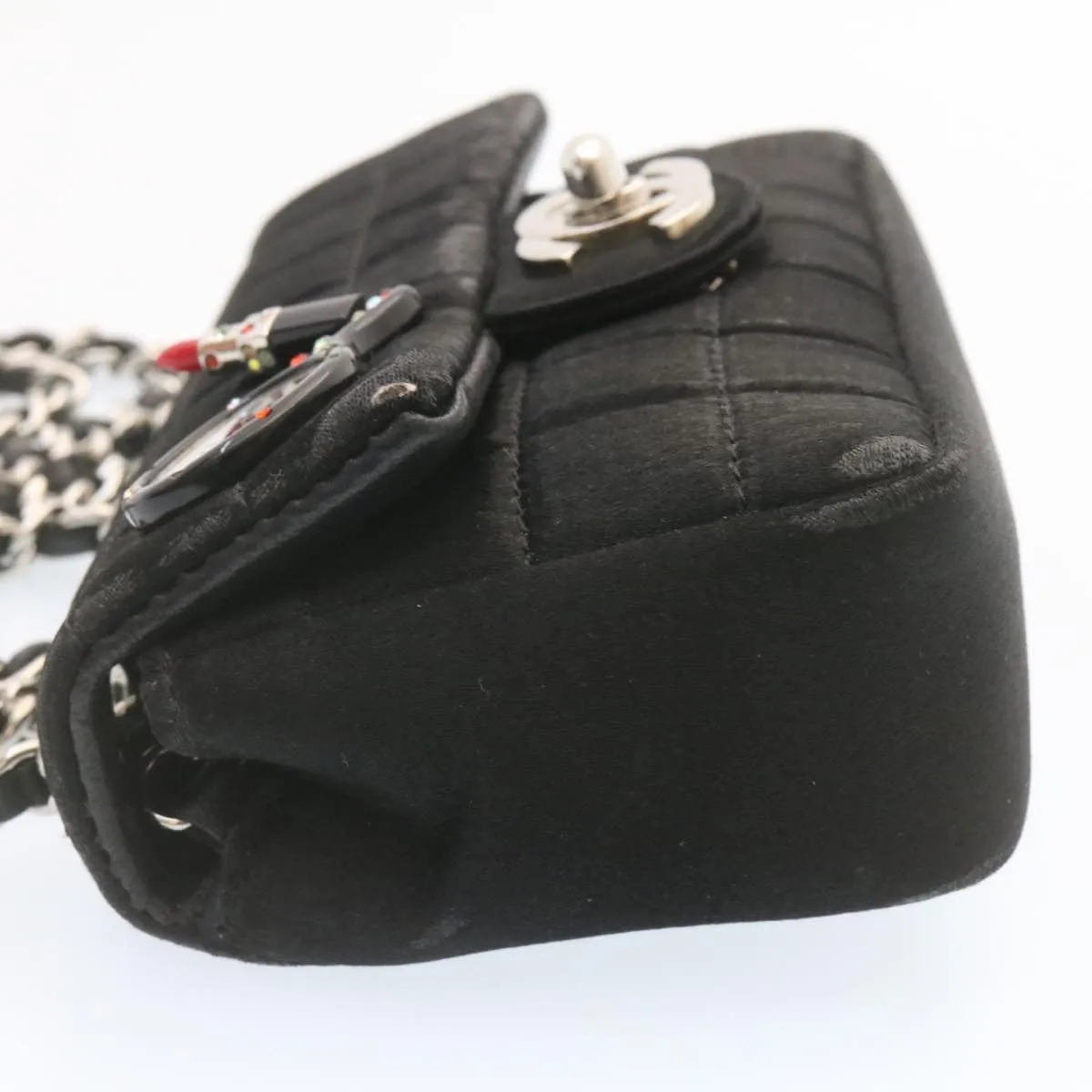 Chanel Choco Bar Rouge Racket Linestone Shoulder Bag Satin Black CC  24559A