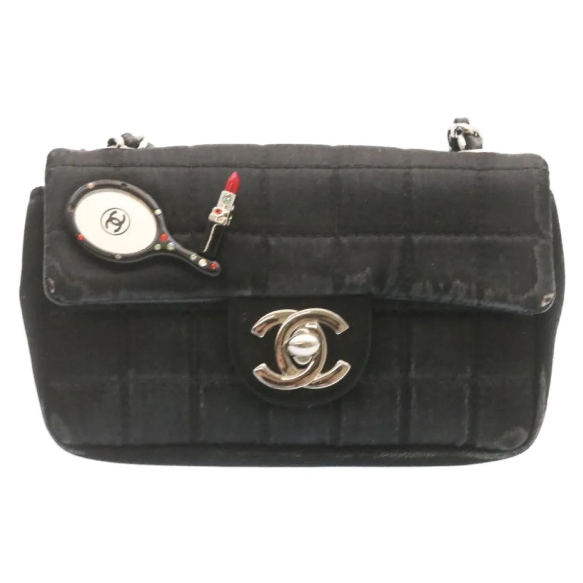 Chanel Choco Bar Rouge Racket Linestone Shoulder Bag Satin Black CC  24559A