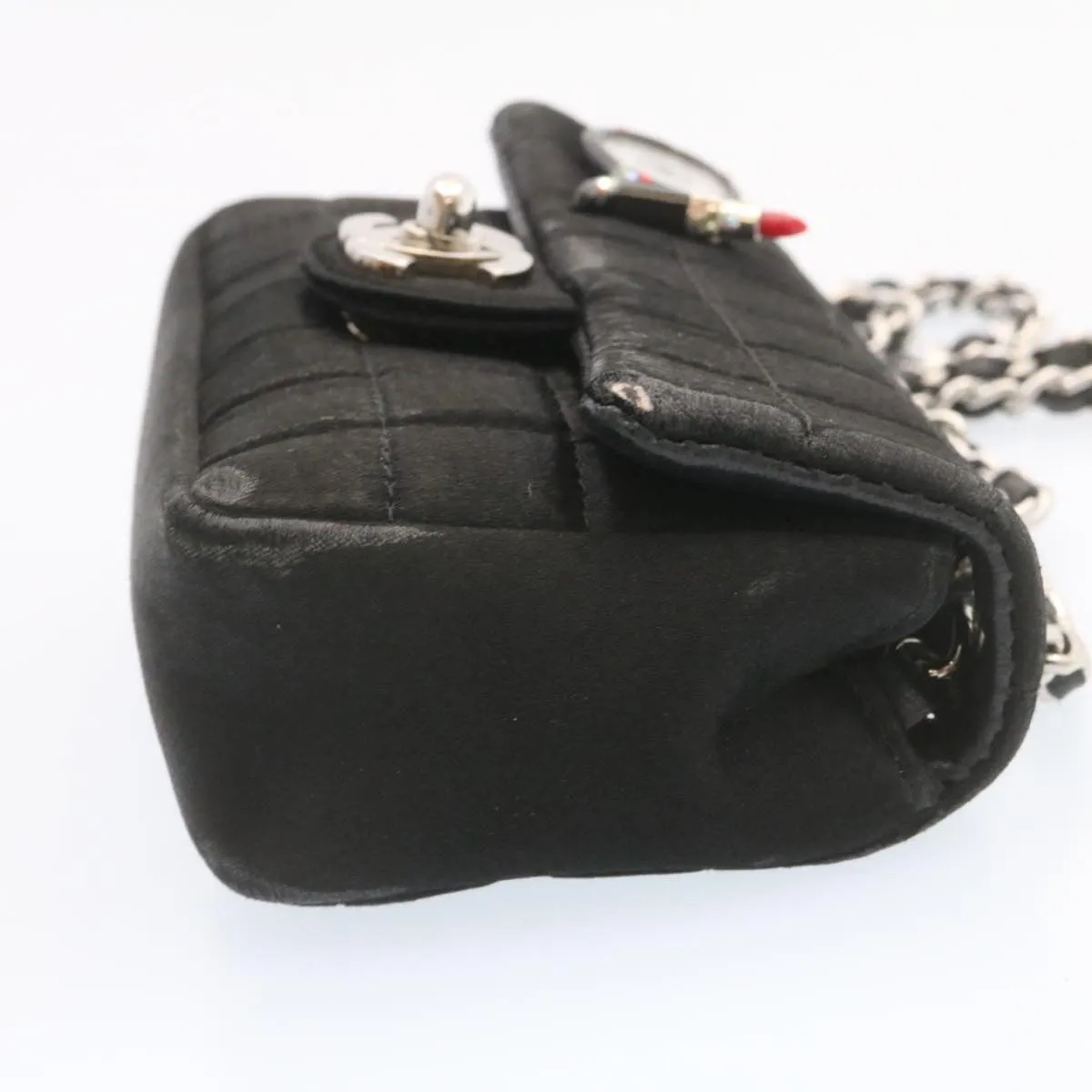 Chanel Choco Bar Rouge Racket Linestone Shoulder Bag Satin Black CC  24559A