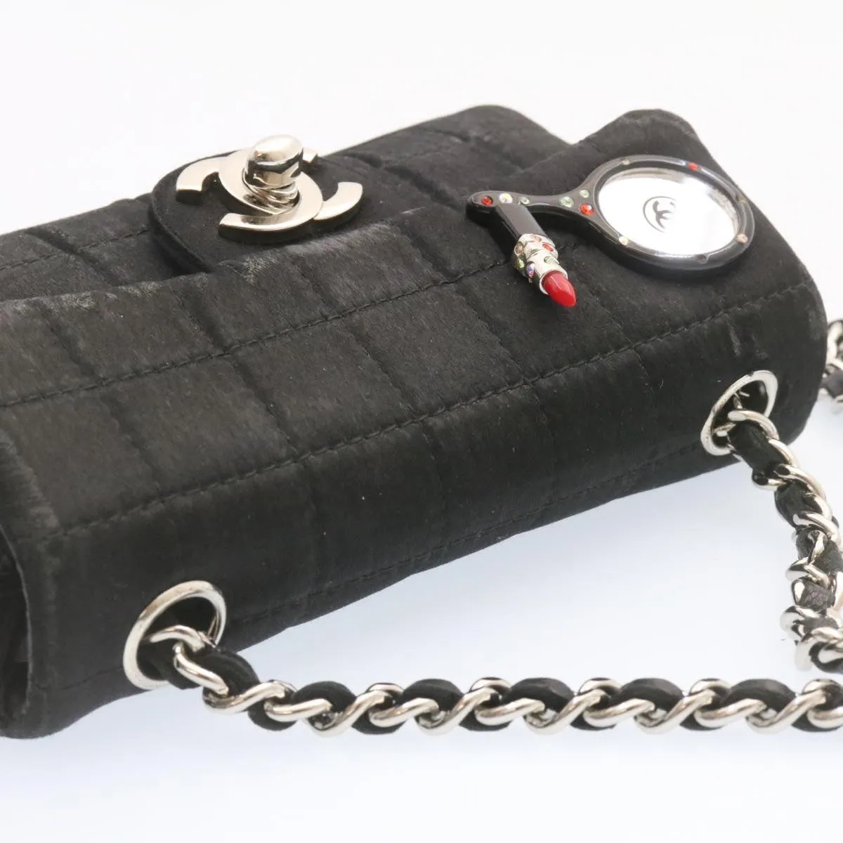 Chanel Choco Bar Rouge Racket Linestone Shoulder Bag Satin Black CC  24559A