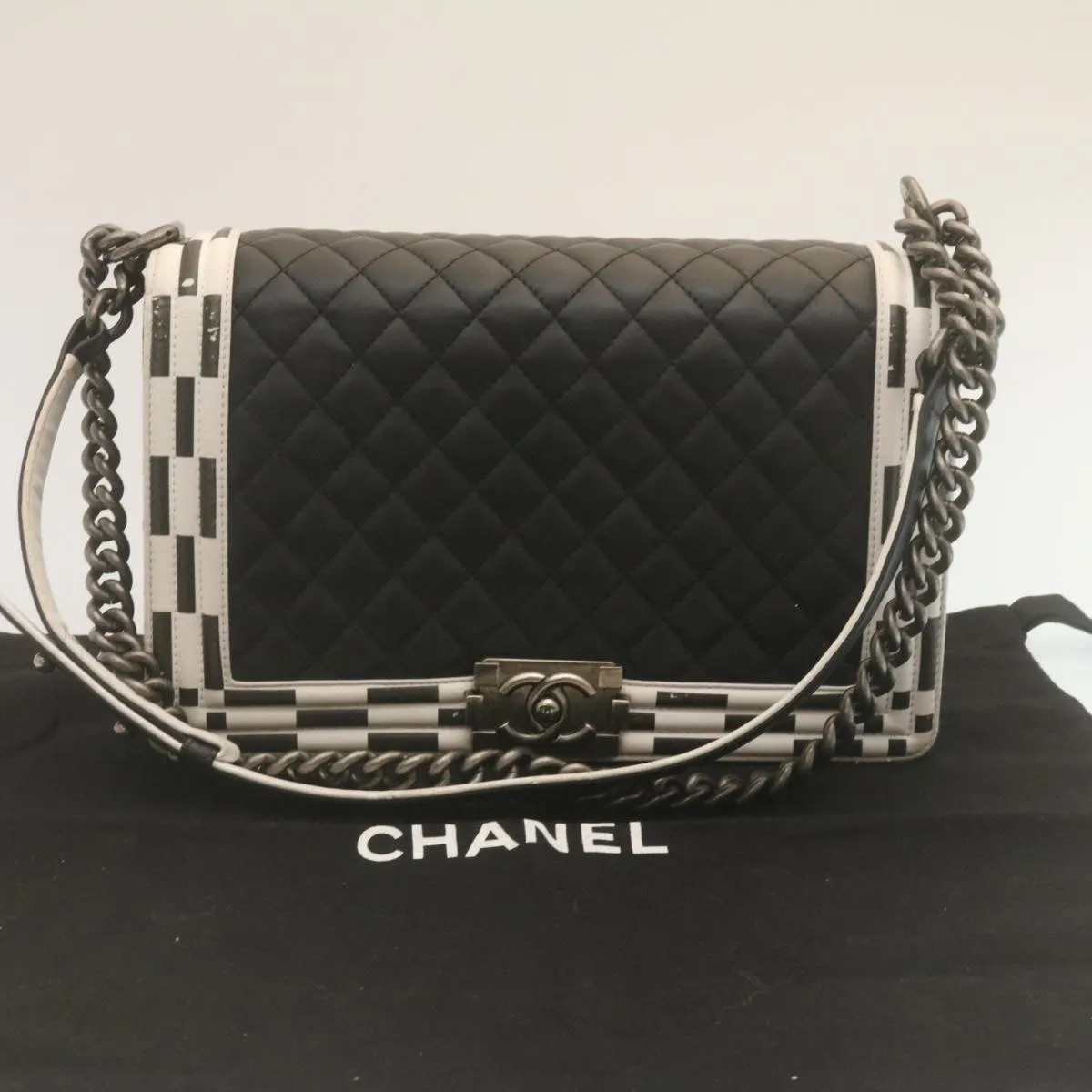 Chanel Matelasse Boy  Chain Shoulder Bag Lamb Skin Black CC  29190A