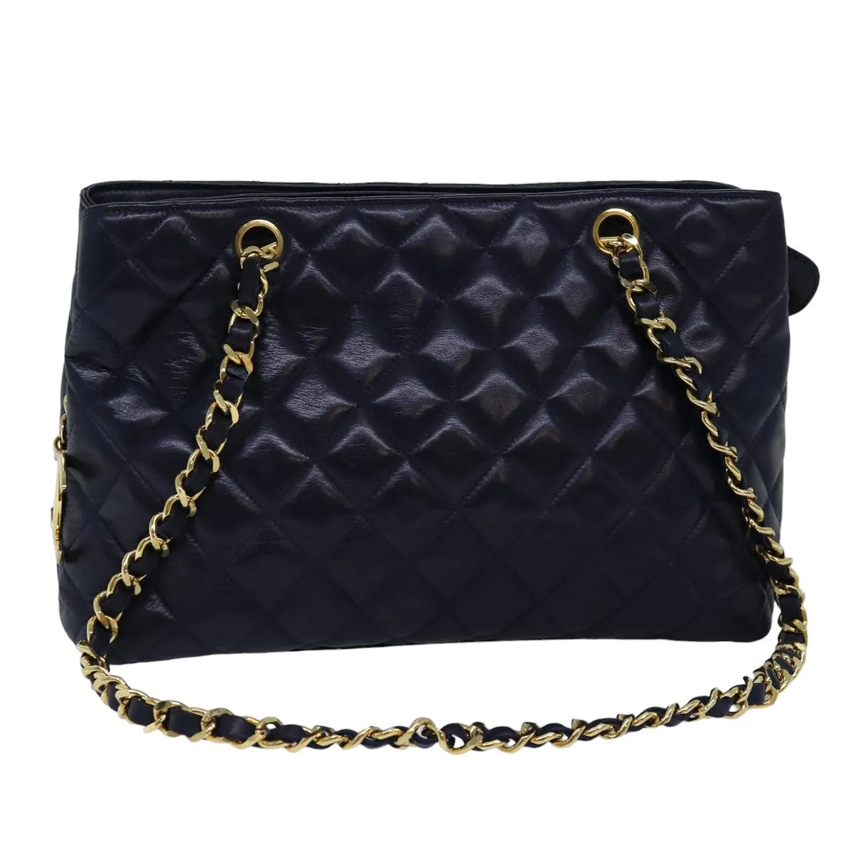 CHANEL Matelasse Chain Shoulder Bag Lamb Skin Navy CC Auth yk12992