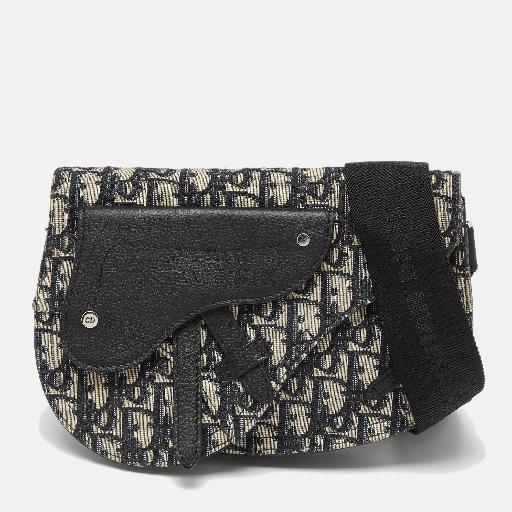 DIOR Navy Blue/Black Oblique Canvas and Leather Saddle Pouch Bag
