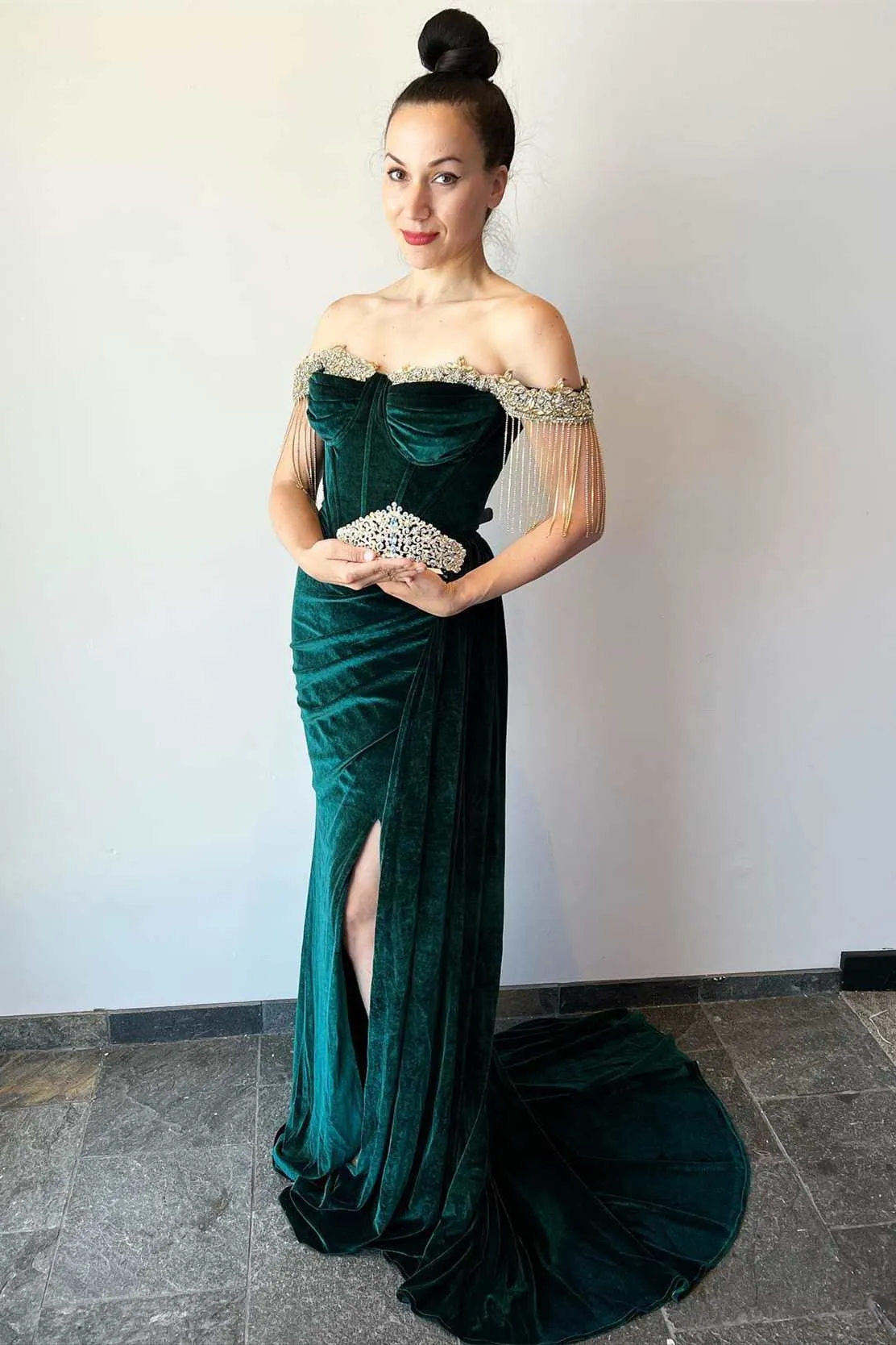 Emerald Velvet Off-the-Shoulder Fringe Long Prom Dress