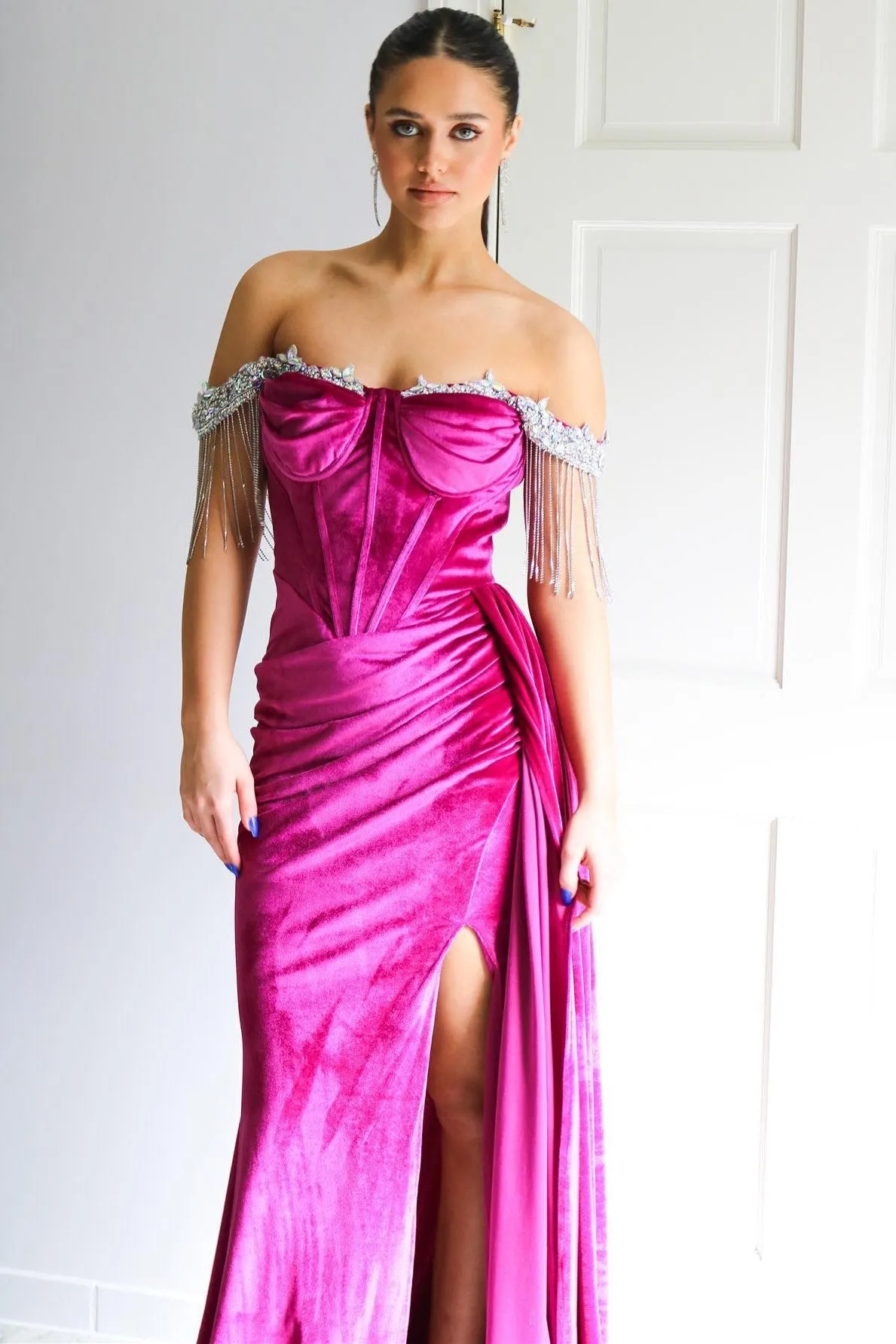 Emerald Velvet Off-the-Shoulder Fringe Long Prom Dress