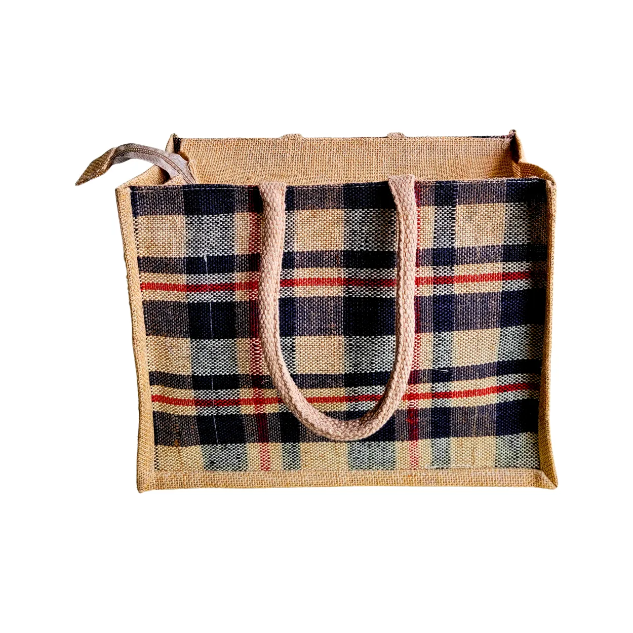 Fashionable Jute Lunch Bag Handloom - Black Check Large
