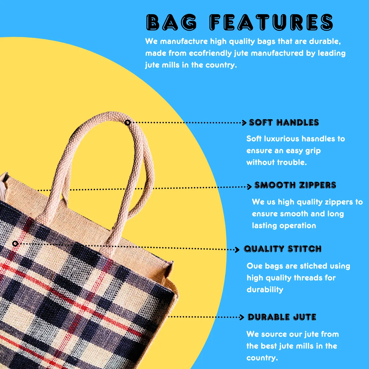 Fashionable Jute Lunch Bag Handloom - Black Check Large