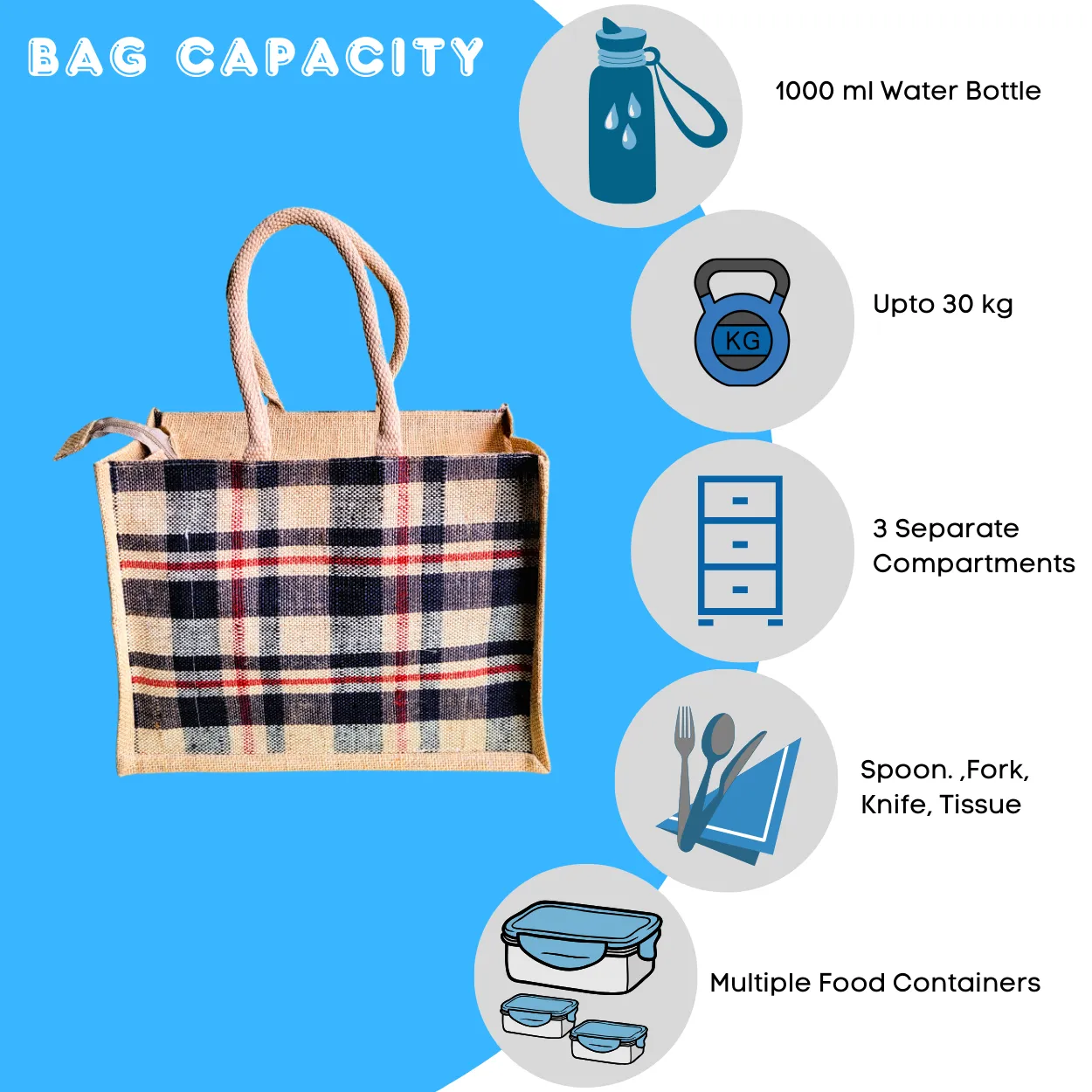 Fashionable Jute Lunch Bag Handloom - Black Check Large