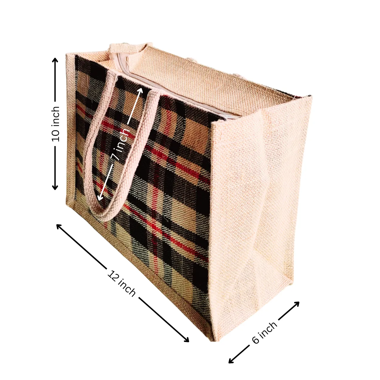 Fashionable Jute Lunch Bag Handloom - Black Check Large