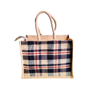 Fashionable Jute Lunch Bag Handloom - Black Check Large