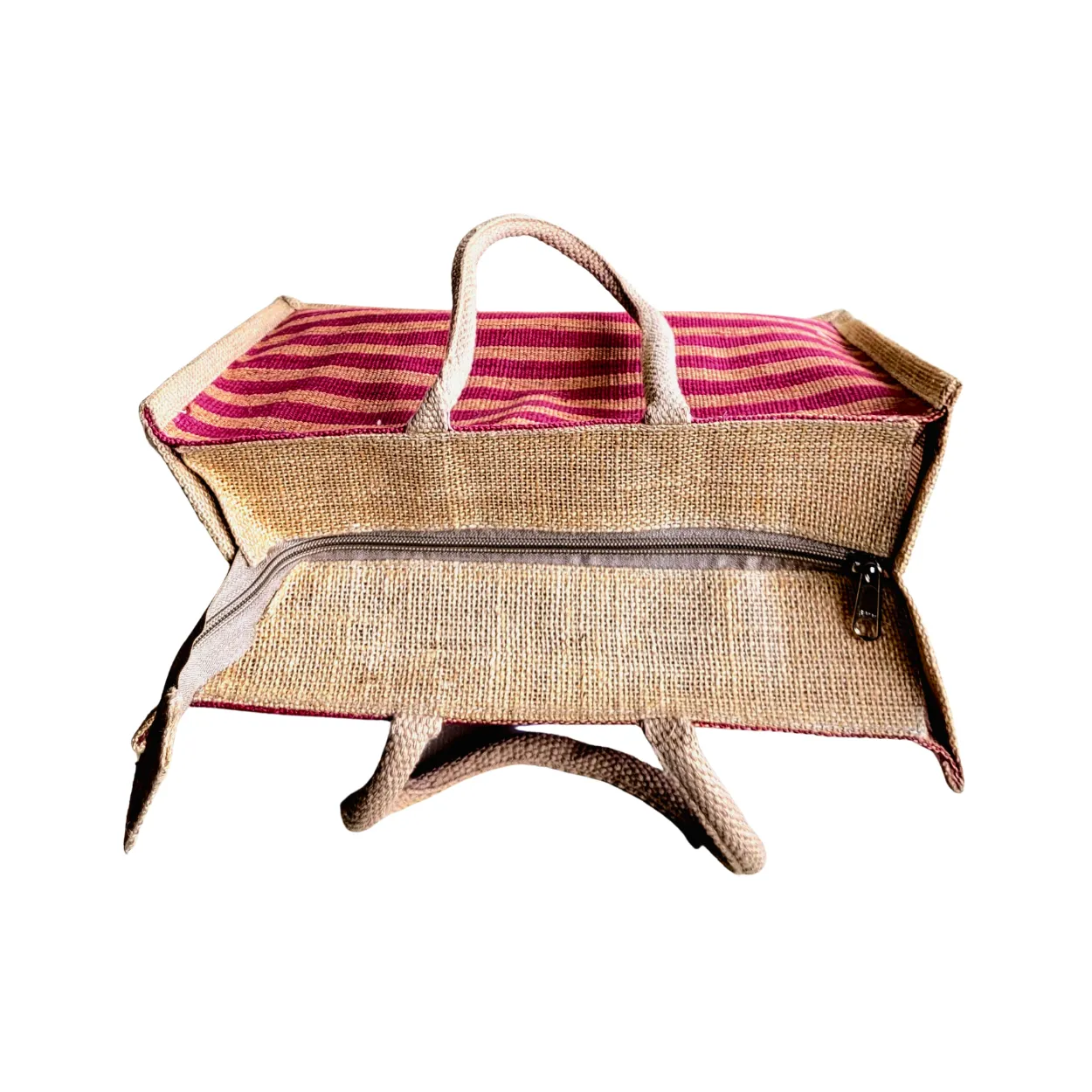 Fashionable Jute Lunch Bag Handloom - Red Large