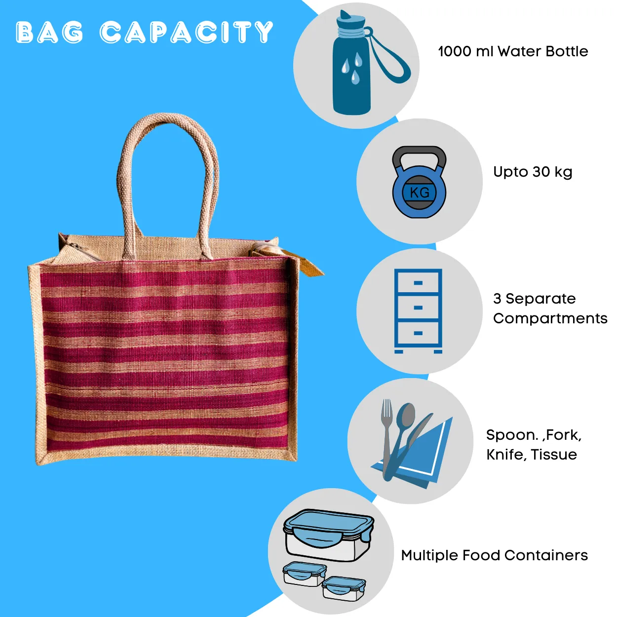 Fashionable Jute Lunch Bag Handloom - Red Large