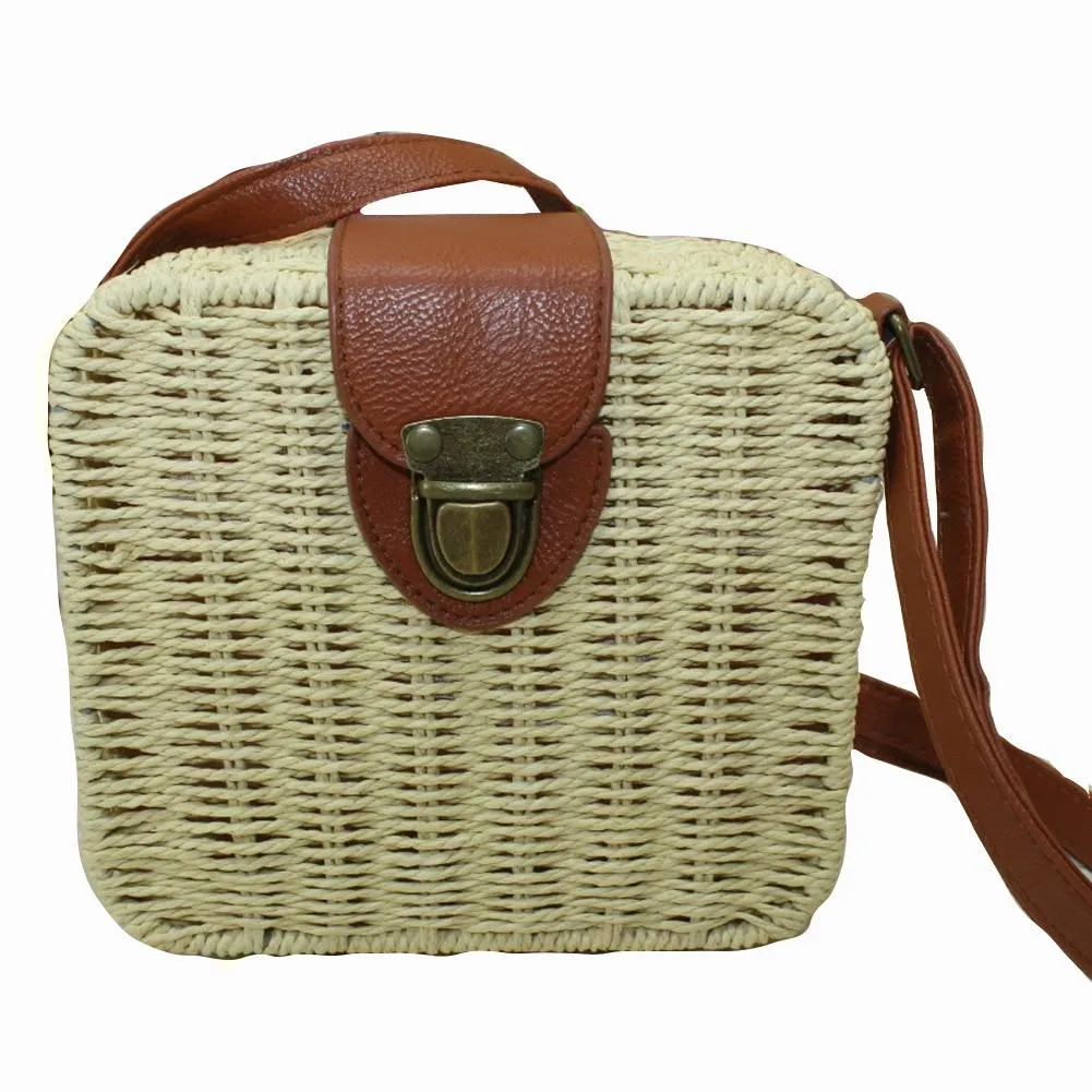 Fashionable Ladies' Square Rattan Woven Crossbody Bag