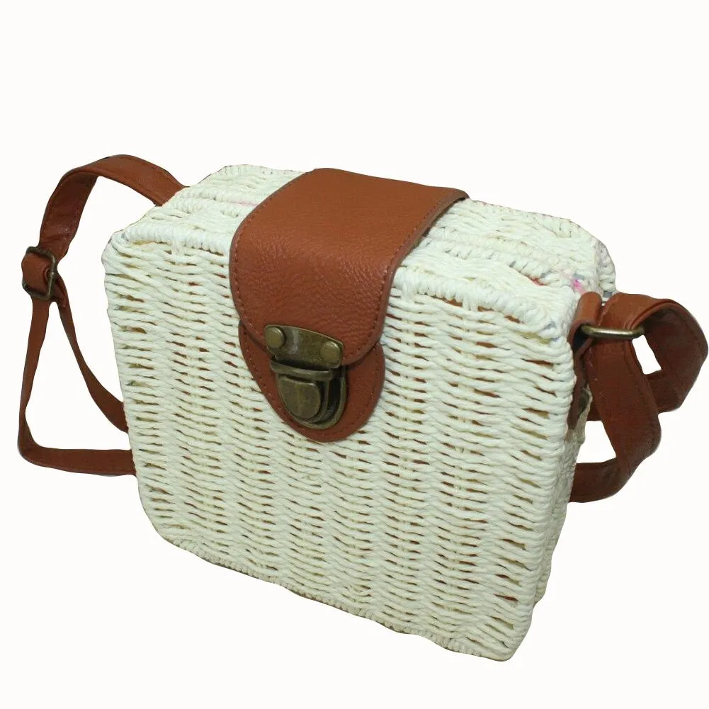 Fashionable Ladies' Square Rattan Woven Crossbody Bag
