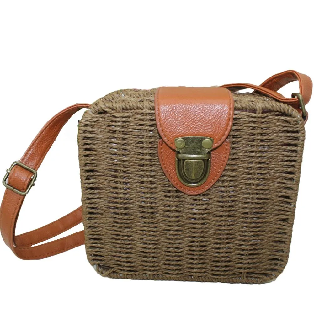 Fashionable Ladies' Square Rattan Woven Crossbody Bag
