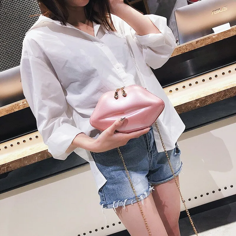 Fun and Fashionable Lip Shaped Clutch Bags with Chain Strap