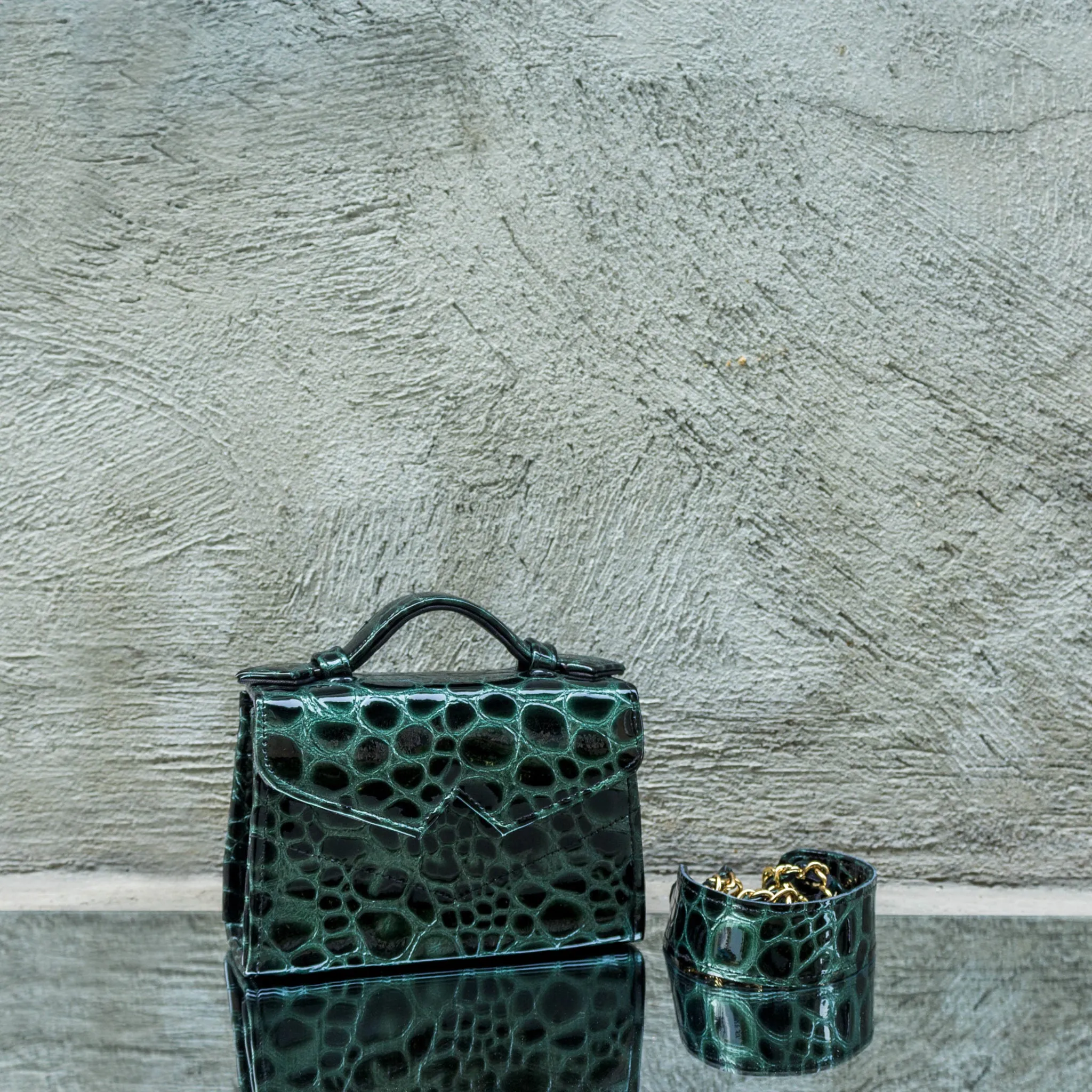 Green Pebbled Printed Leather Mini Handbag