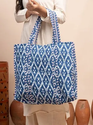 Navy Blue Printed Quilted  Tote Bag with Inner Pocket