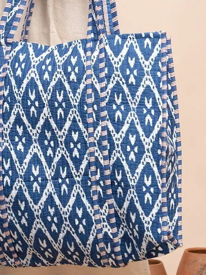 Navy Blue Printed Quilted  Tote Bag with Inner Pocket